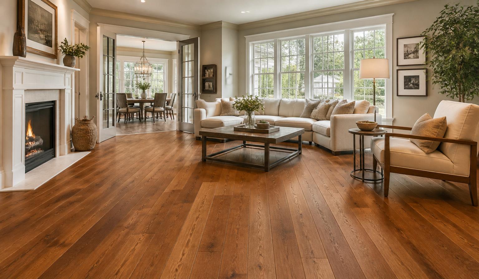 Beautiful living room with wide-plank hardwood floors
